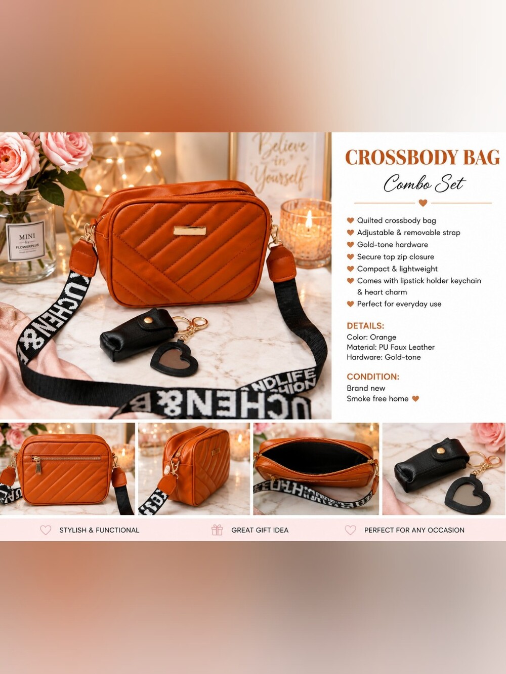 QUILTED CROSSBODY BAGS BROWN COLOR + LIPSTICK CASE